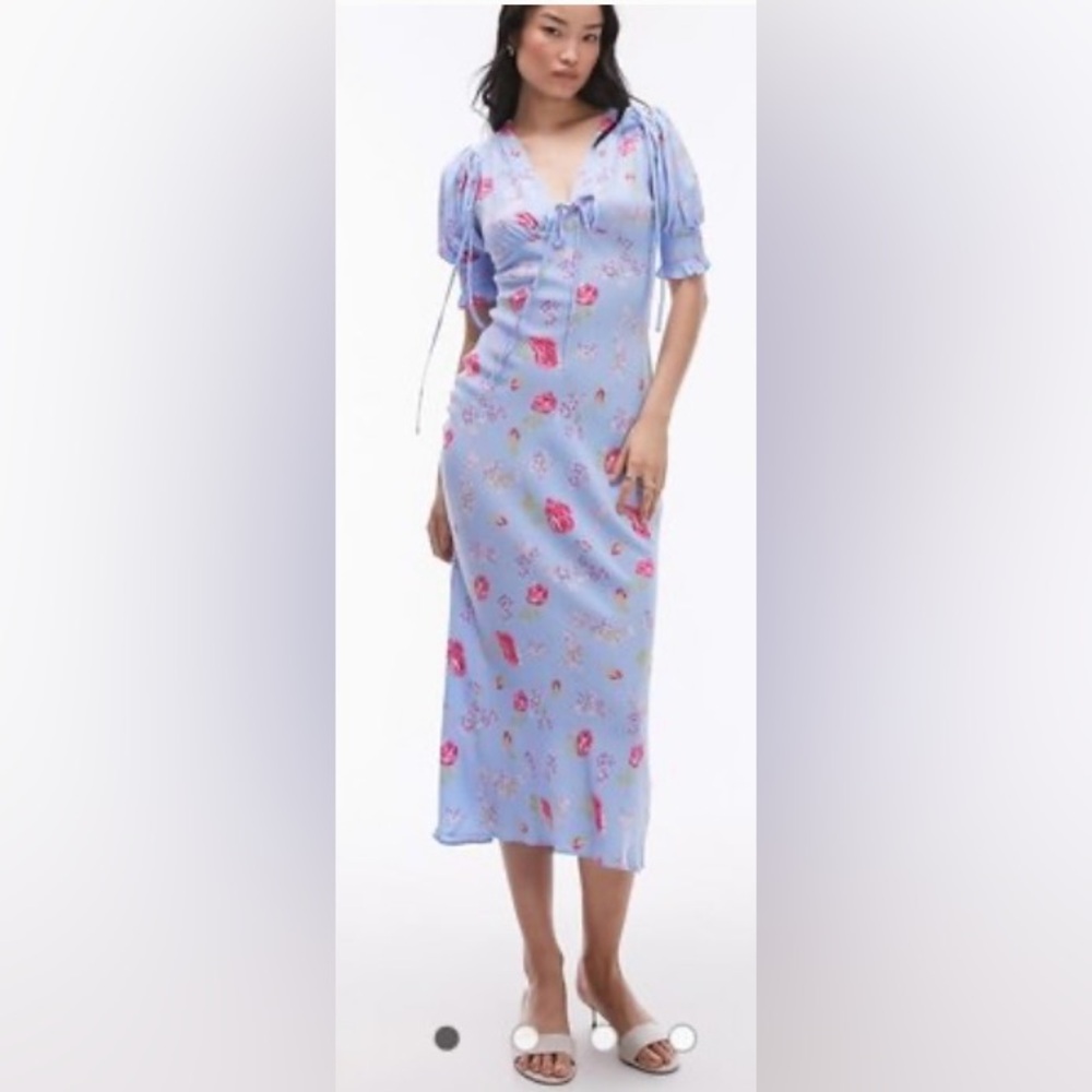 Topshop Blue Floral Midi Dress Women's Size 8